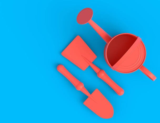 Watering can with garden tools like shovel, rake and fork on monochrome background. 3d render concept of horticulture and farming supplies - 写真・画像