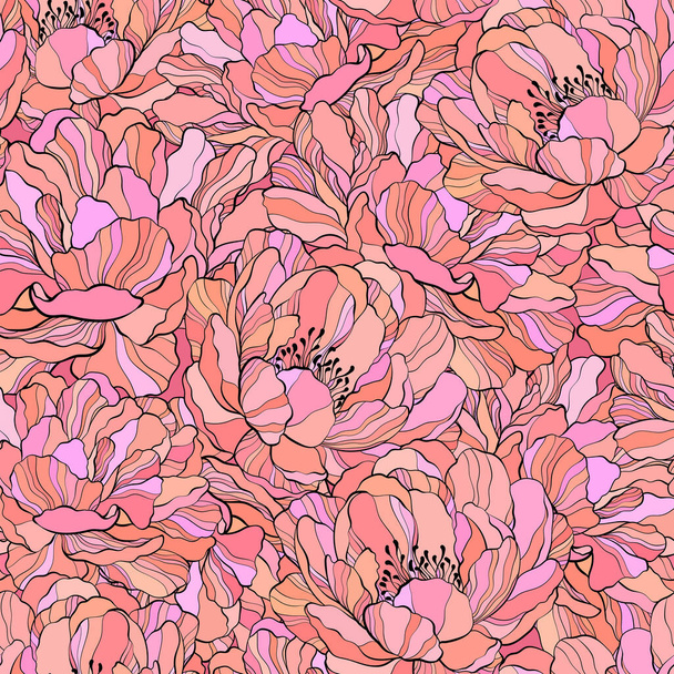 Line art textured seamless pattern design with peony flower. Vintage vector illustration. - Vetor, Imagem