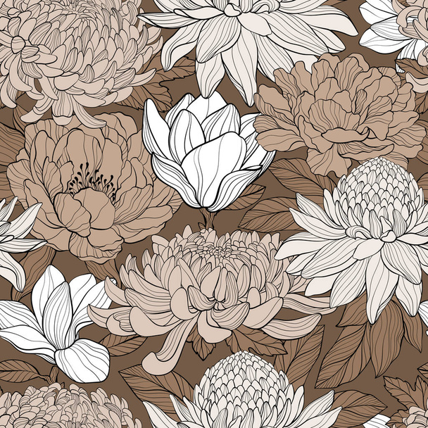 Seamless pattern with Peony, chrysantea, magnolia, Torch ginger Etlingera elatior flowers, hand drawning style. Vector illustration - Vector, Image