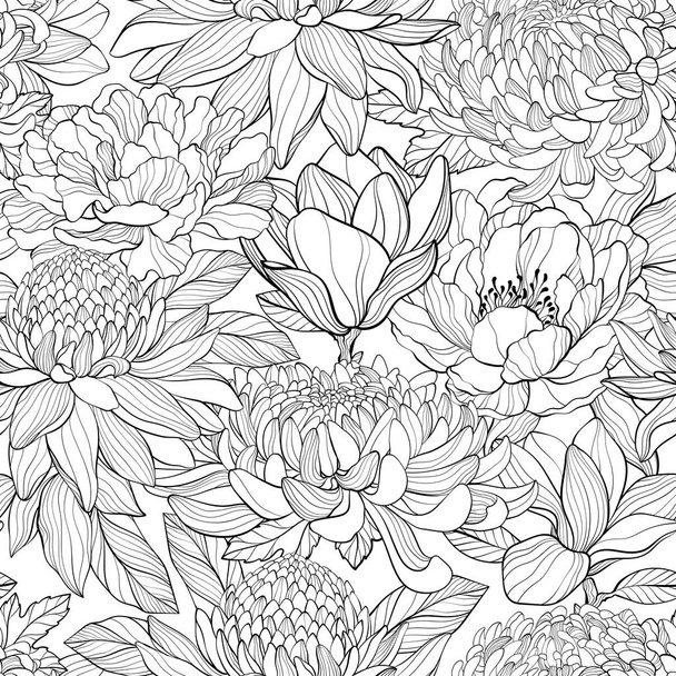 Seamless pattern with outline Peony, chrysantea, magnolia, Torch ginger Etlingera elatior flowers, hand drawning style. Vector illustration - Вектор, зображення