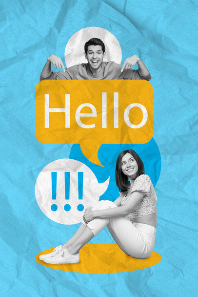 Vertical image collage sketch template of positive cheerful people speaking discussing gossip rumors isolated on blue painted background. - Фото, зображення