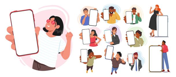 Männliche und weibliche Charaktere halten Smartphones mit leeren Bildschirmen in der Hand, bereit für Anpassungen oder App-Nutzung. Die leeren Bildschirme ermöglichen den Zugriff auf verschiedene Anwendungen. Cartoon People Vektor Illustration - Vektor, Bild