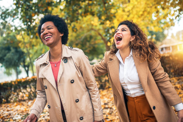 Mulheres amigas felizes andando na floresta no outono. Eles estão conversando e se divertindo. - Foto, Imagem