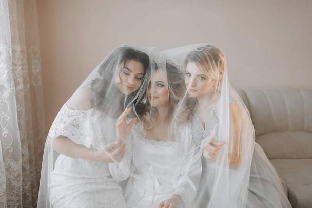 The bridesmaids look at the smiling bride. All on the same couch under a veil. The bride and her fun friends celebrate the bachelorette party in different dresses. Bride and friends in the room - Fotoğraf, Görsel