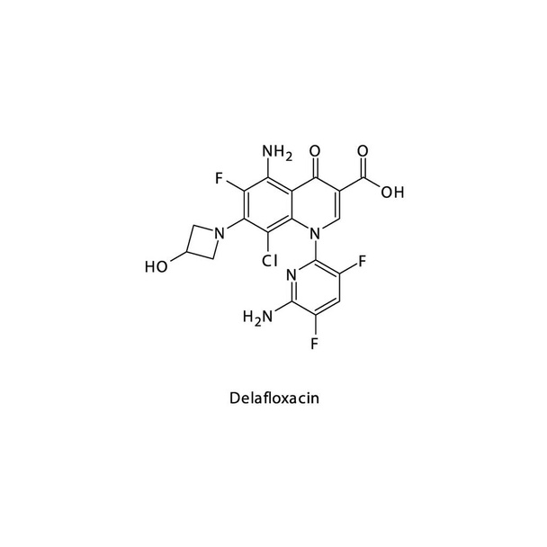 Delafloxacin επίπεδη σκελετική μοριακή δομή 4ης γενιάς Fluoroquinolone αντιβιοτικό φάρμακο που χρησιμοποιείται στη θεραπεία βακτηριακών λοιμώξεων. Εικονογράφηση διανύσματος. - Διάνυσμα, εικόνα