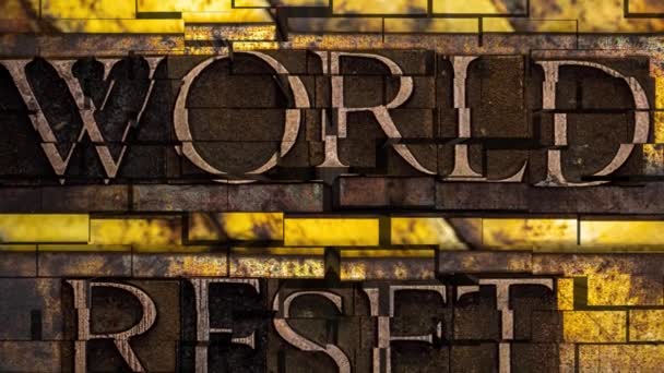 Monde Réinitialiser texte animé effondrement mur de briques 3D formé avec de vraies lettres de composition authentiques sur vintage texturé argent grunge cuivre et or fond transparent - Séquence, vidéo