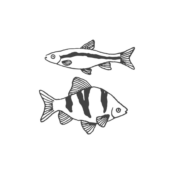 魚の最小ロゴ要素、魚の図面、ロゴ要素、クリップ、自然、アウトライン、タトゥー、手書き、図面、ベクトル要素 - ベクター画像