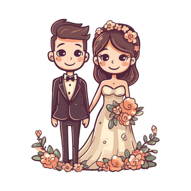 Newlywed couple in love with flowers arrangement icon isolated - Vetor, Imagem