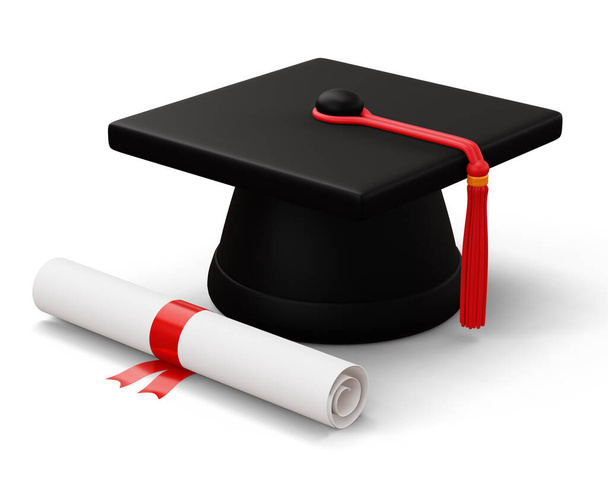 Graduation cap with Diploma, 3d rendering - Fotoğraf, Görsel
