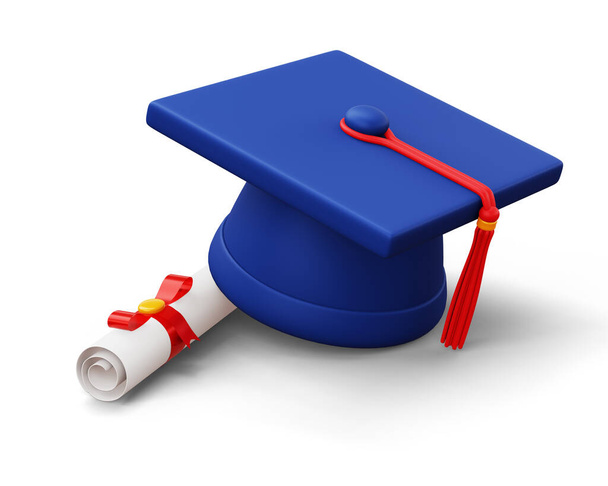 Graduation cap with Diploma, 3d rendering - Valokuva, kuva