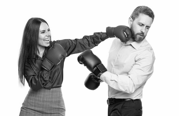 business opposition of businesspeople in boxing gloves. business knockout. businesspeople opposition isolated on white. knockout in business opposition. businesspeople in studio. business knockout - Foto, immagini