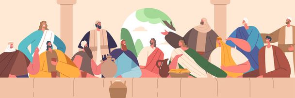 La última escena de la cena muestra a Jesús compartiendo comida con los discípulos antes de la crucifixión, simbolizando la institución de la Eucaristía y los eventos inminentes de su traición y sacrificio. Carácter. Ilustración vectorial - Vector, Imagen