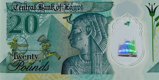 Yeni Mısır 'ın ters tarafının büyük bir kısmı 20 EGP LE 20 polimer pound nakit para banknotu Kraliçe Kleopatra, Büyük Piramitler ve firavun askeri savaş arabasıyla birlikte - Fotoğraf, Görsel