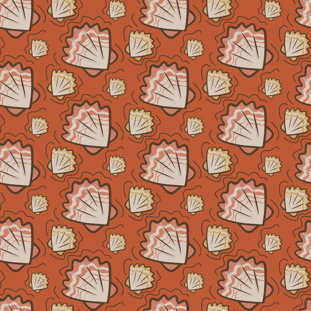 Nahtloses Cartoon-Muster mit Muscheln. Flache Vektorumrisse ozeanischer oder mariner Muscheln auf orangefarbenem Hintergrund. Geeignet für Kinder Textil, Tapete, Verpackung, Hintergrund, Inneneinrichtung. - Vektor, Bild