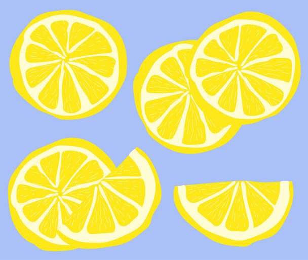 Modèle vectoriel avec des citrons jaunes coupés en tranches sur un fond bleu dans un style plat. - Vecteur, image