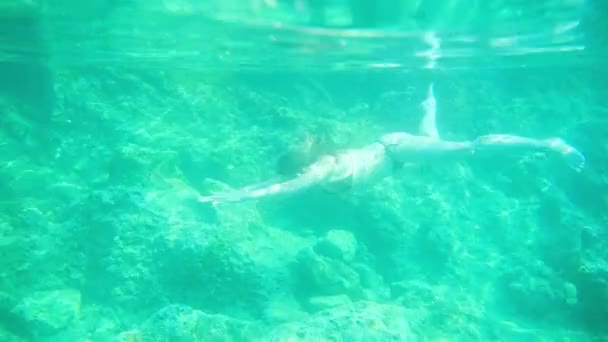 Žena plavající na otevřeném moři. Uzavřete podvodní fotku. Potápěčská dívka na otevřeném moři. Vysoce kvalitní 4K záběry - Záběry, video