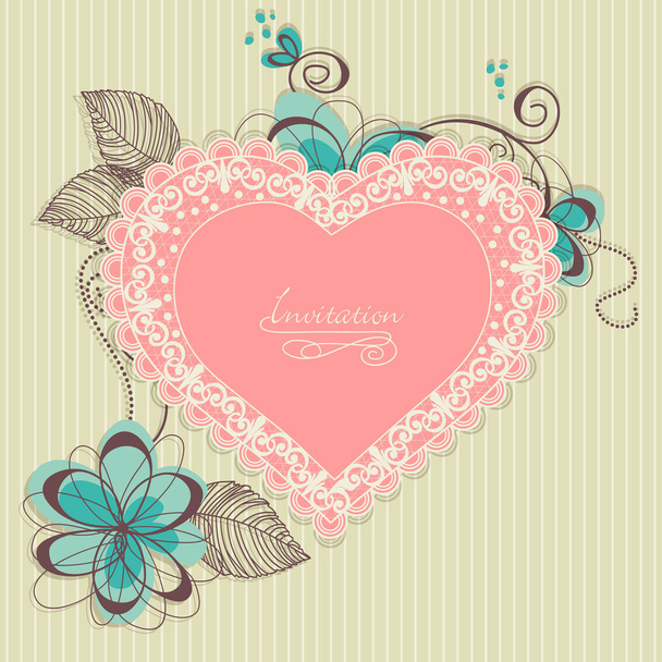 Retro romantic background, lace heart and flowers - Διάνυσμα, εικόνα
