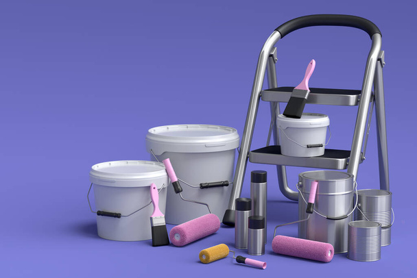 Set of metal cans or buckets with paint roller, brush and folding ladder for painting walls on violet background. 3d render of renovation apartment concept and interior design - Foto, Bild