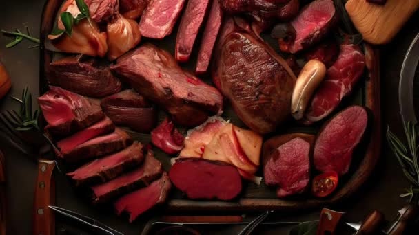 Különböző ízletes grillezett hús felülnézet babakocsi lövés - Felvétel, videó