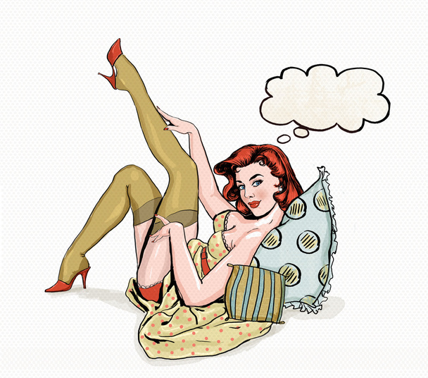 Pin up illustration of woman with the speech bubble.Pin up girl. Party invitation. Birthday greeting card.Vintage greeting card - Photo, Image