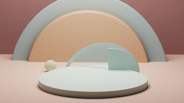 Podium with abstract geometric elements and shapes and background for product display and presentation 3D rendered scene in soft focus - Φωτογραφία, εικόνα