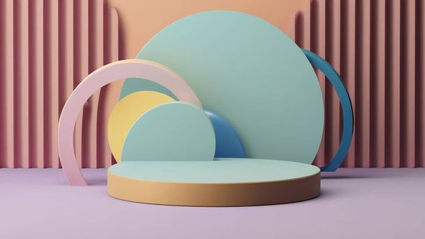 Podium with abstract geometric elements and shapes and background for product display and presentation 3D rendered scene in soft focus - Φωτογραφία, εικόνα