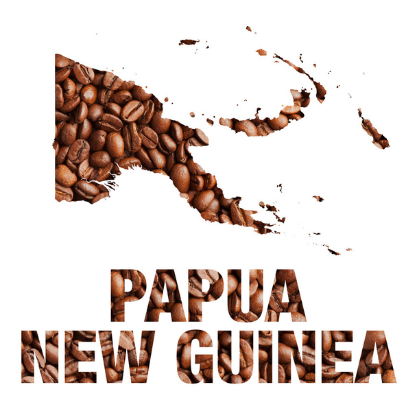 Papua-Nova Guiné mapa e palavra grãos de café
 - Foto, Imagem