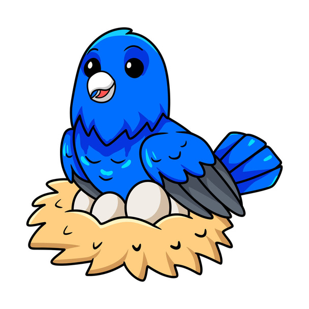 Illustration vectorielle de Mignon dessin animé canari facteur bleu avec des œufs dans le nid - Vecteur, image