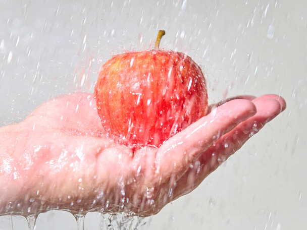 A red apple in a hand in rain - Foto, Bild