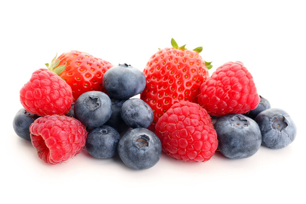 Ripe blueberry, strawberry and raspberry on white background - Photo, Image