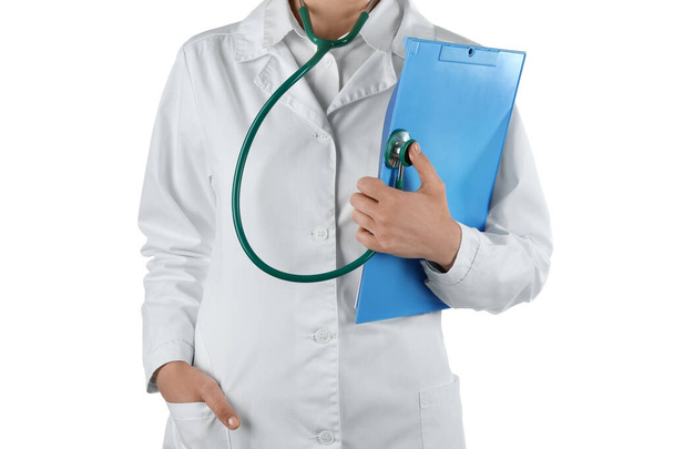 Female doctor with stethoscope and clipboard isolated on white background - Fotografie, Obrázek