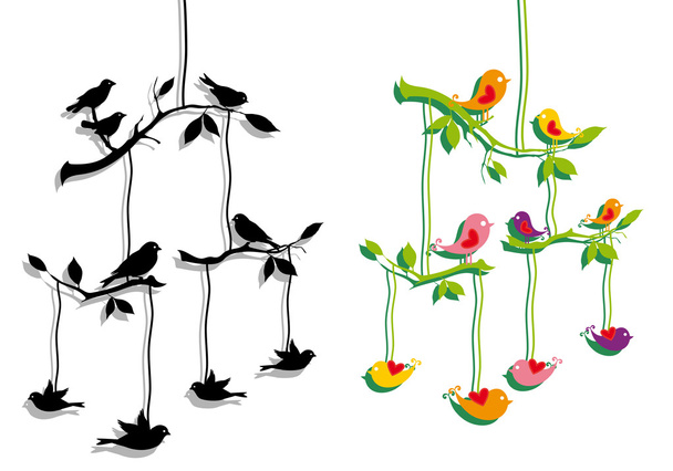 Ptaki z gałęzi drzewa, wektor - Wektor, obraz