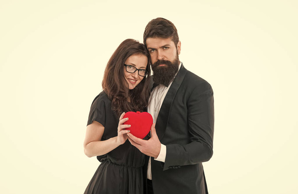Our special day. Couple in love. Family couple. Bearded man hug woman. True feelings. Celebrate anniversary. Married couple hold red heart toy. Happy relationship concept. Happy valentines day. - Foto, Bild
