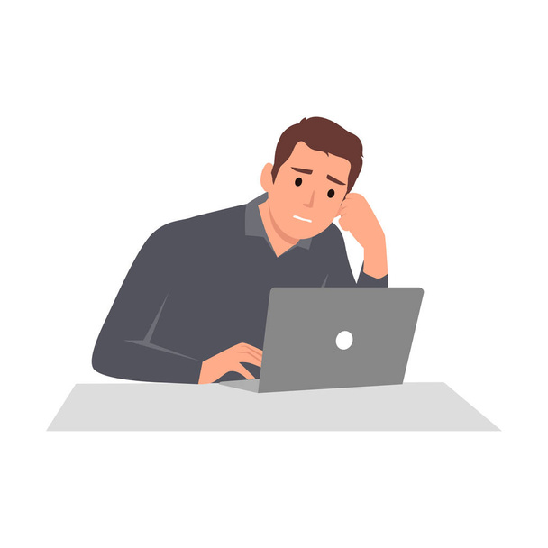 Young man tired at the desktop. Headache or illness at work. Overwork and difficulties of an office worker. Flat vector illustration isolated on white background - Вектор, зображення