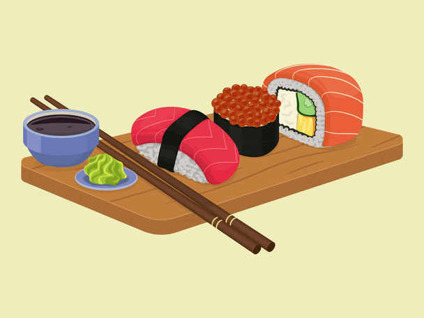 sushi set with soy sauce and wasabi. Vector illustration - Vector, afbeelding