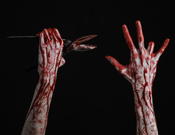 Halloween theme: bloody hand holding a big old bloody scissors on a black background - 写真・画像