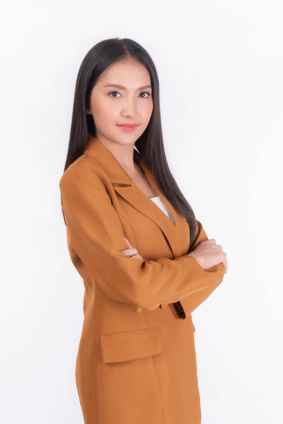 Portrait beautiful working Asian woman , business girl standing arms crossed with happiness isolated on white background , copy space - Fotografie, Obrázek