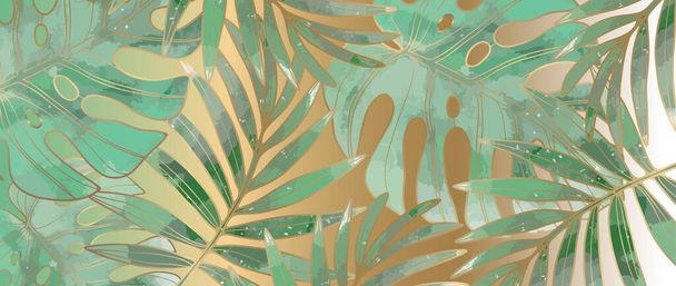 Green tropical luxury background with monstera leaves and palm leaves. Botanical background for decor, wallpapers, postcards, social media posts, item designs - Vector, Image