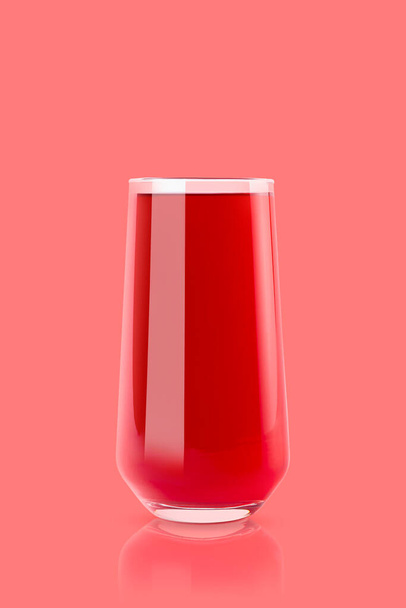 Cherry red juice in glass with reflection on pastel pink background, copy space, vertical. Fresh summer healthy strawberry beverage for advertise, poster, card, design. - 写真・画像