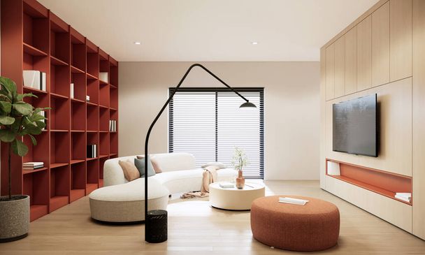 3d rendering Modern living room and library interior design and decoration with white sofa, orange stool, built in tv shelf, brown bookshelf, wooden wall and floor. - Foto, Imagem