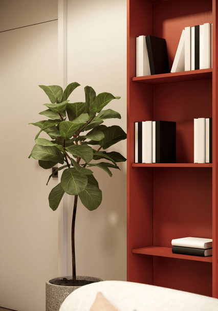 3d rendering close up book shelf in living room decoration with white book and indoor plant in pot for background vertical image. - Foto, Imagem