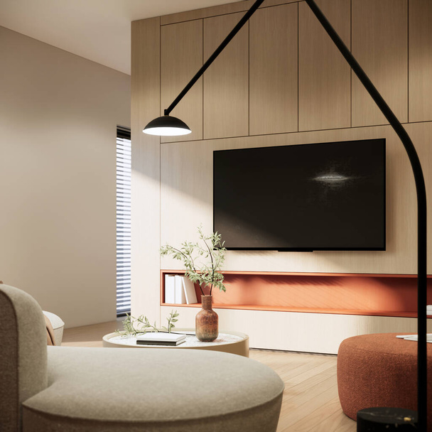 3d rendering close up Modern living room interior design and decoration with white sofa, orange stool, built in tv shelf, brown bookshelf. - Zdjęcie, obraz