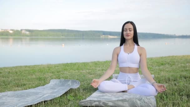 Doğada meditasyon yapan kadın, nilüfer çiçeği pozu, sağlıklı yaşam tarzı, meditasyon konsepti. 4k video - Video, Çekim