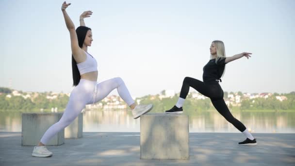 Giovani donne che fanno aerobica nel parco della città all'aperto. Mattina allenamento sportivo. - Filmati, video