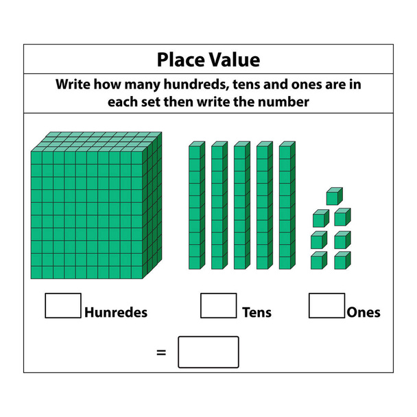 Colocar Valor cientos de decenas y unas. 10 cuadras. y bloques individuales. Ilustración vectorial aislada sobre fondo blanco. - Vector, imagen