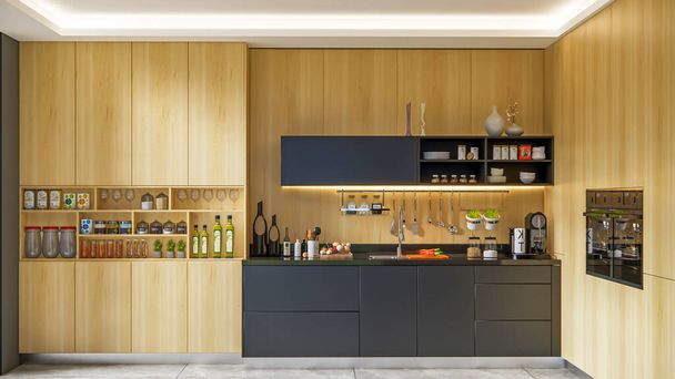 3 boyutlu modern mutfak avantajı ahşap kabin dekorasyonu iç tasarım - Fotoğraf, Görsel