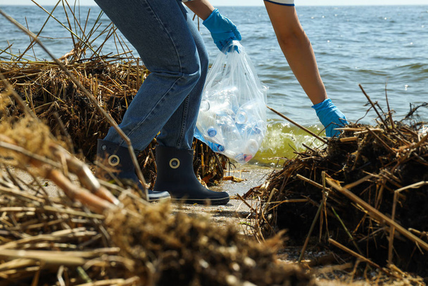 Люди убирают мусор на берегах реки, охраняют окружающую среду - Фото, изображение