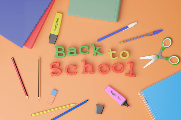 Trójwymiarowy tekst "powrót do szkoły" otoczony sprzętem szkolnym. Ilustracja 3D. - Zdjęcie, obraz