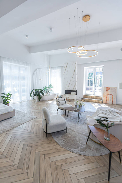 spacious open-plan apartment with stylish modern bright design, dressing area, bedroom, living room and bathroom on a sunny day - 写真・画像