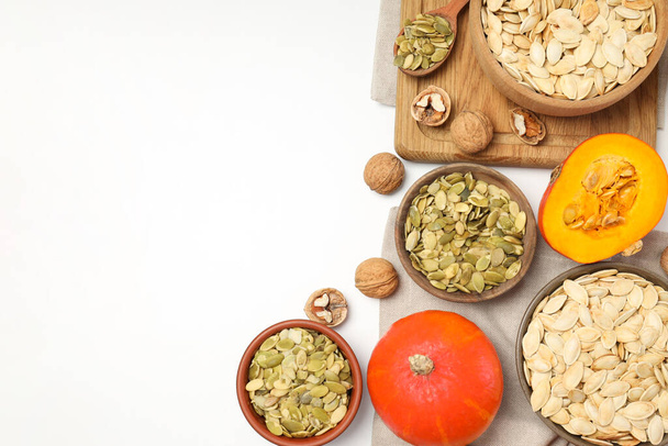 Concept of Autumn vibe food, Pumpkin, Pumpkin seeds, space for text - Photo, Image